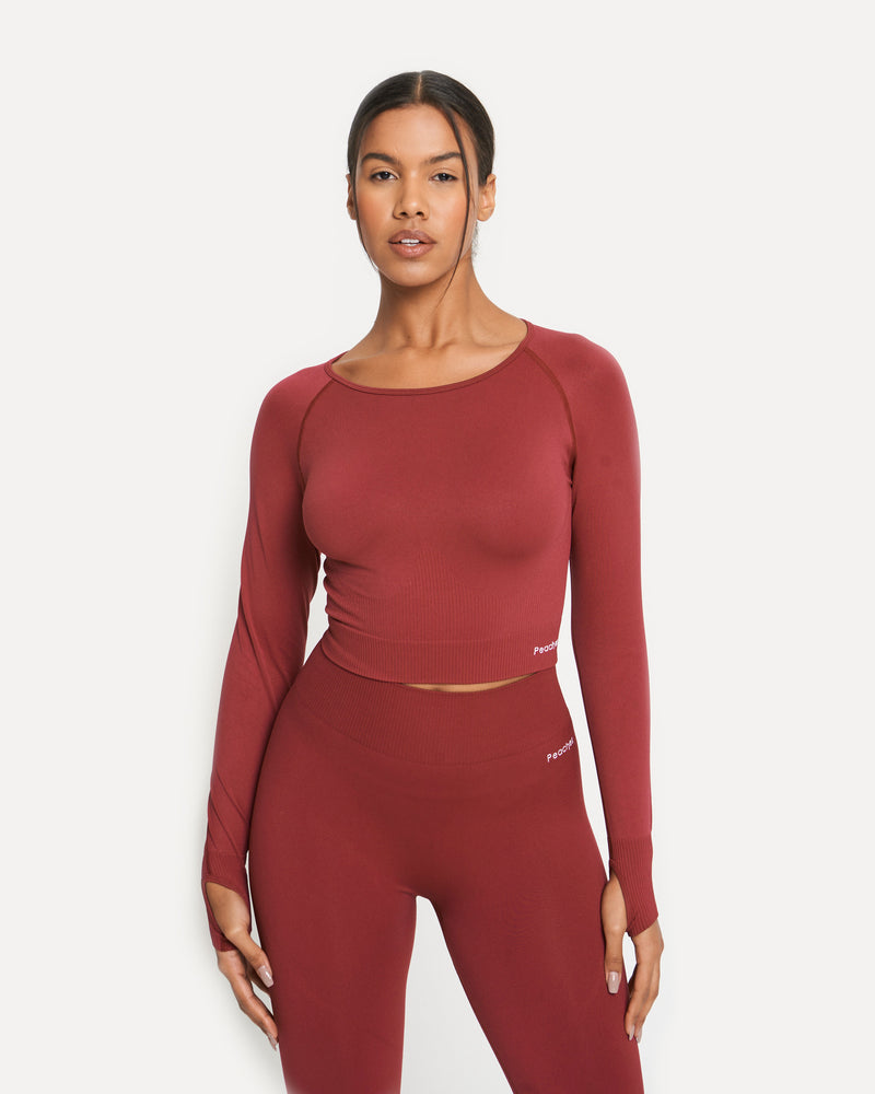 Dark Red Seamless Long Sleeve Crop Top